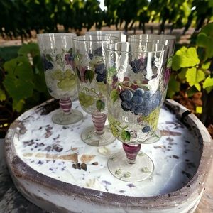 Set Of 5 Home Essentials Crackle Tea Water Glasses. Grape Vine Flower Design 8”